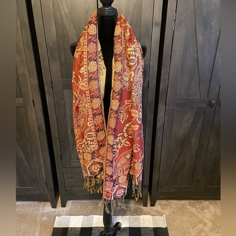 Fringed Rectangular Cozy Neck Scarf Made Rust and Brown Plaid